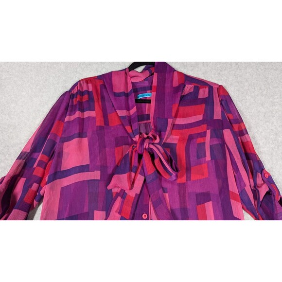 alice + olivia Women Top Size 4 Geo Block Neck Tie Tab Sleeve Semi Sheer Button - Picture 2 of 15